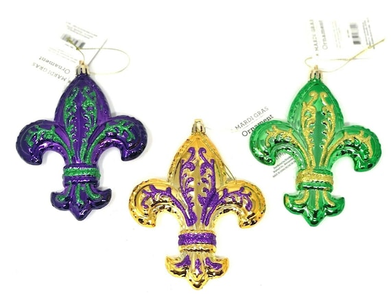 3 Mardi Gras Holiday Clip-On Bird Ornaments Gold Purple Green