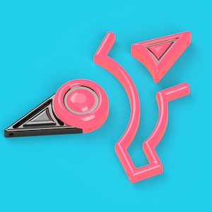 May include: A pink and silver abstract design with a circle and triangle shapes. The design is on a blue background.