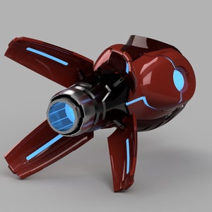 May include: A red and black futuristic spaceship with blue glowing lights and a large engine in the front.