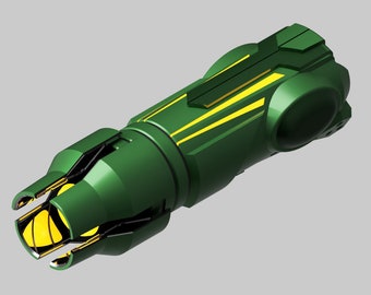 May include: A green and yellow futuristic weapon with a pointed end and a round, smooth back. The weapon has a black, segmented opening at the front.