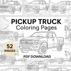 May include: Black and white line drawings of different pickup trucks. The image includes the text "PICKUP TRUCK Coloring Pages", "52 IMAGES", and "PDF DOWNLOAD". The trucks are shown in various styles and designs.