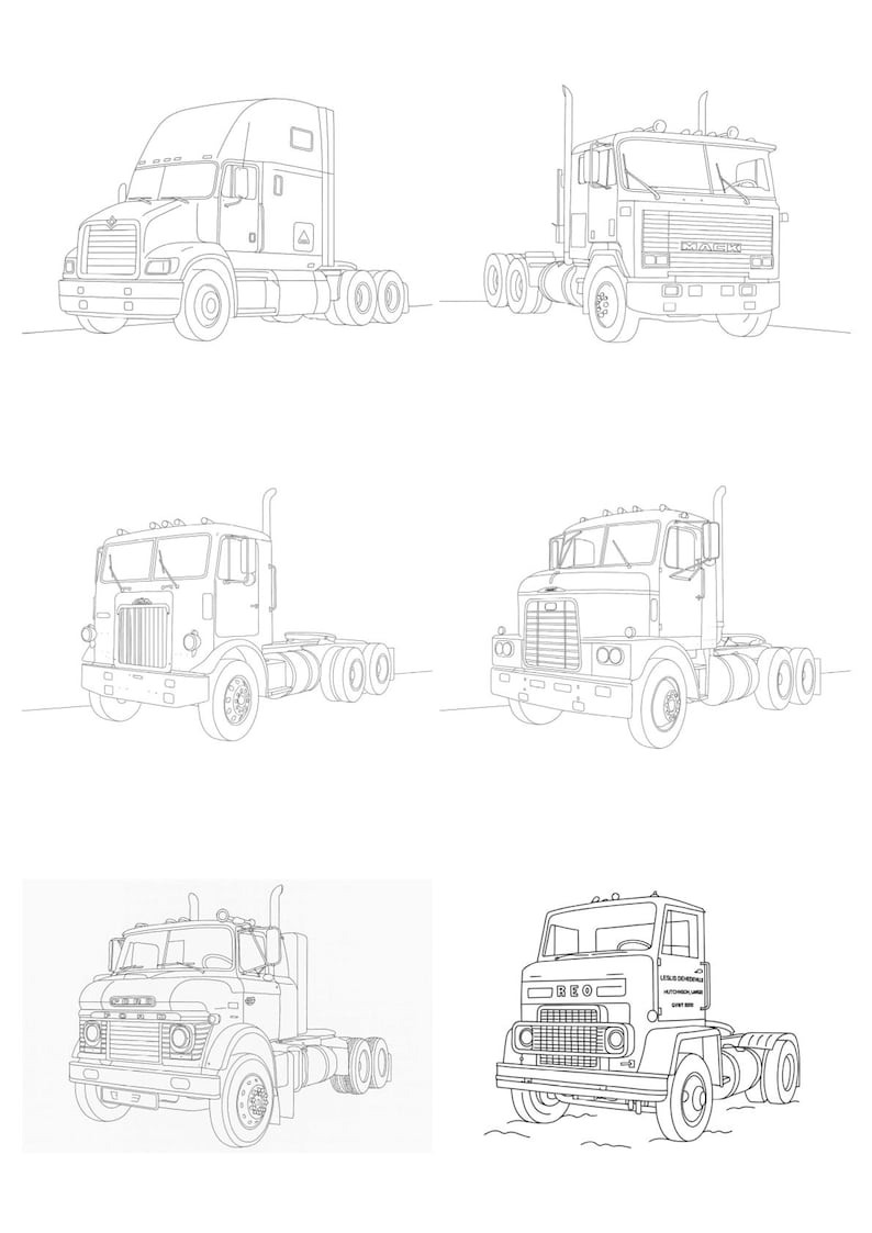 Big Rig Outlins Semi Truck Coloring Pages: 52 Classic & Modern Big Rig Illustrations ...