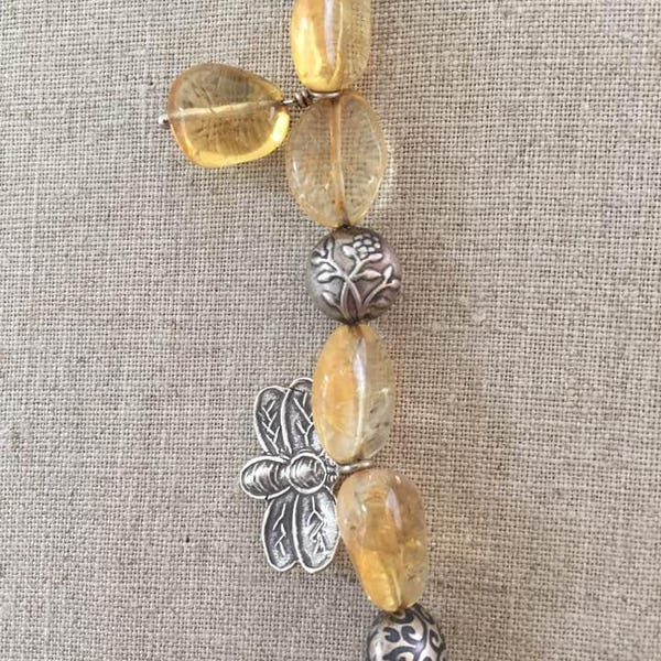 HONEY:  Necklace with glowing citrine nuggets and sterling Thai Hill Tribe silver beads and charms