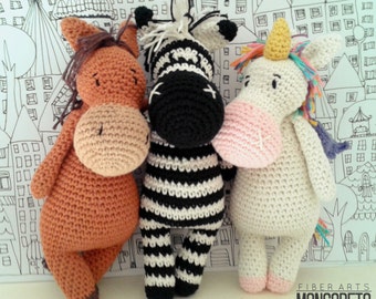 Amigurumi pattern x 3: Unicorn, Zebra and Horse (3 in 1)