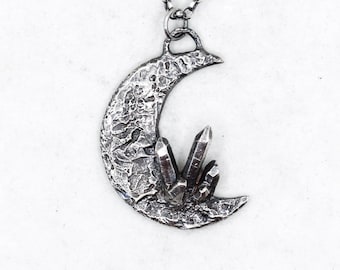 Large Sterling Silver Crescent Moon & Crystal Cluster Pendant // Witchy Jewellery // Celestial Necklace