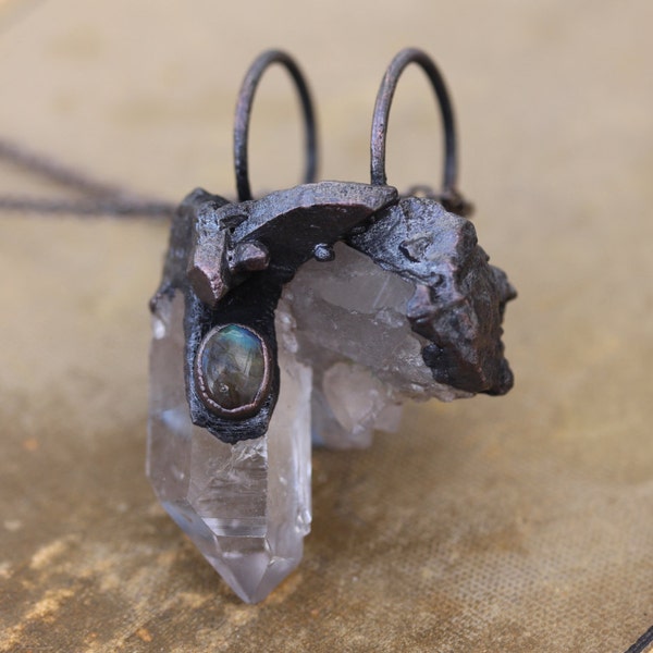 Statement Quartz Cluster & Labradorite Crystal Necklace/Pendant Electroformed in Oxidized Copper