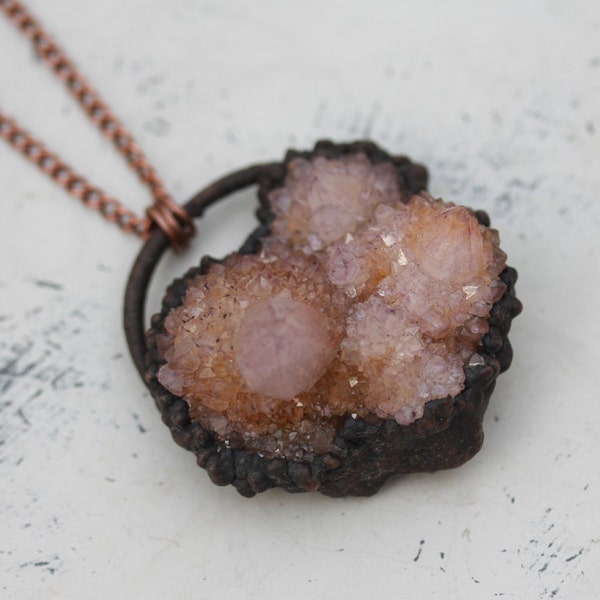 Raw Electroformed Cactus/Spirit Quartz Crystal Druzy Cluster Crescent Moon Witchy Gothic Necklace/Pendant Copper