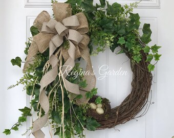Large Greenery Grapevine Wreath with Birds Nest Everyday Greenery Wreath with nest and eggs,
