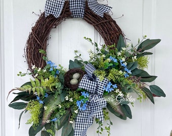 Spring Door Wreath-Boxwood Wreath-Bird’s Nest Wreath-Blue Floral Wreath-Greenery Wreath-Forget Me Not Wreath-Cottage Wreath-Woodland Wreath