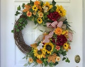 Fall Wreath for Door-Autumn Wreath-Fall Farmhouse Wreath-Sunflower Wreath-Cottage Garden Wreath-Country Wreath-Fall Leaves Wreath