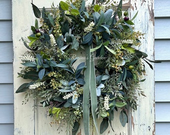 Summer Olive and Eucalyptus Wreath with Velvet Bow-Modern Farmhouse Wreath-Mixed Greenery Wreath-Boho Lambs Ear and Foliage Wreath