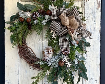 Winter Wreath with Pine Cones and Snowflakes-Rustic Owl Pine and Eucalyptus Wreath-Wreath for Front Door-Regina's Garden Owl Wreath