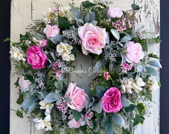 Cottage Garden Wreath with Roses-Spring/Summer Wreath with Lambs Ear-Mothers Day Gift-Modern Farmhouse Wreath-Wedding Wreath