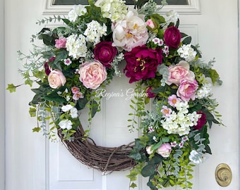 Large Spring Summer Wreath for Front Door-Peony Garden Wreath-French Country Wreath-Pink Rose Wreath-Cottage Garden-Regina's Garden