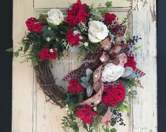 Small Patriotic Wreath with Red Geraniums and White Peonies-Americana Wreath for Front Door-Cottage Wreath-Fourth of July Wreath