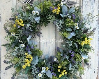 Herb and Wildflower Wreath-Everyday Greenery Wreath with Meadow Flowers-Lavender Wreath-Modern Farmhouse Decor-Mothers Day Gift