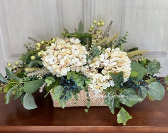 Large Cream Hydrangea and Eucalyptus Farmhouse Arrangement for Dining Table-Cottage Style Cream and Blue Centerpiece in Whitewash Basket