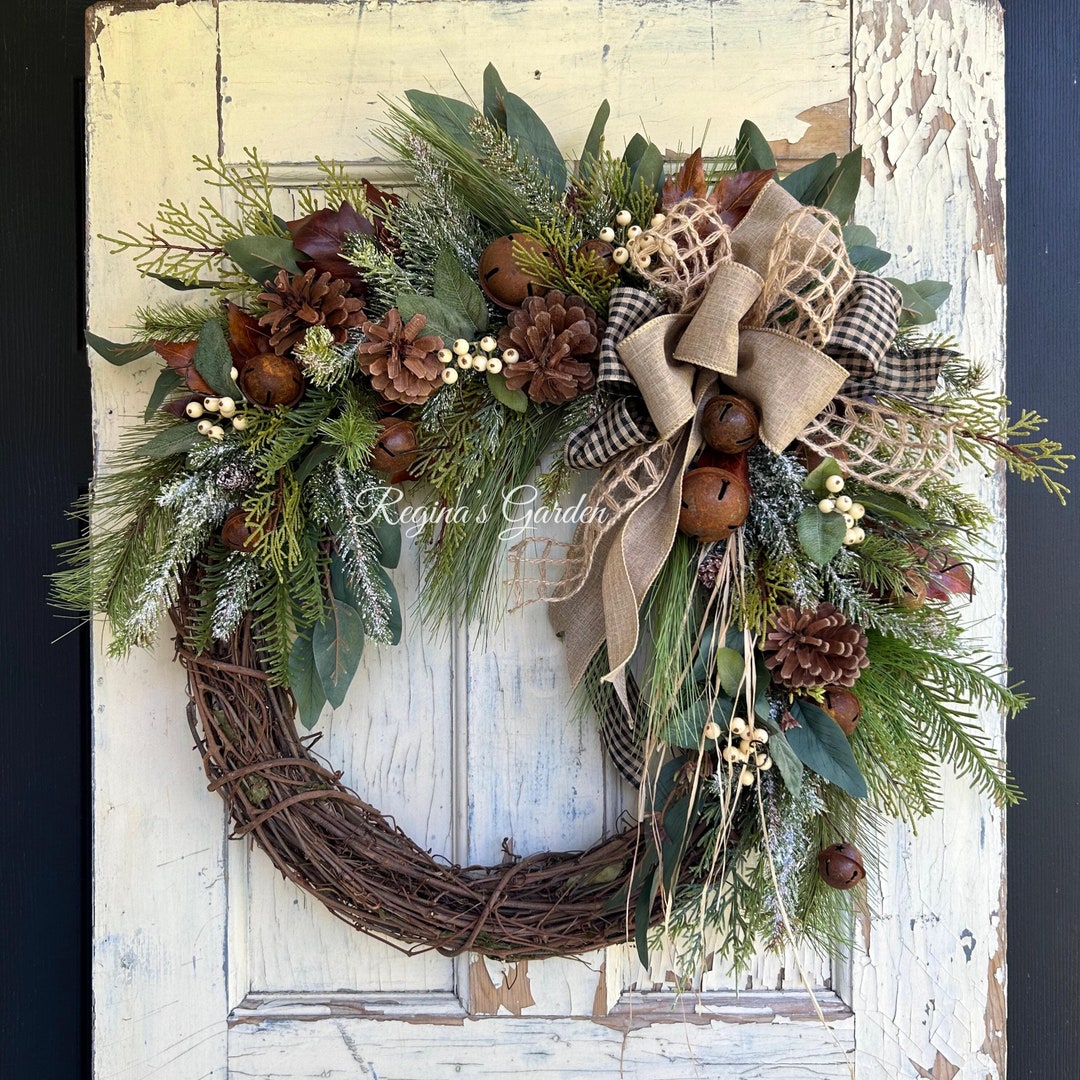 Farmhouse Winter Wreath With Rusted Bellsrealistic Pine Christmas