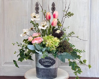 SPRING Floral Arrangement with Egg Filled Nest-Flower Arrangement in Metal Planter-Farmhouse Decor-Mother's Day Gift