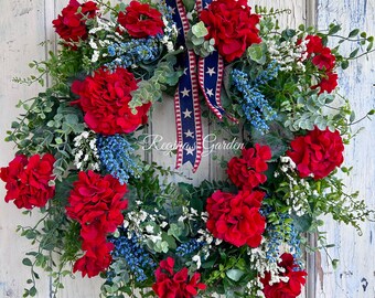 Red Geranium Wreath for Front Door-Americana Wreath-Farmhouse Wreath with Red Geraniums-Memorial Day Decor-Cottage Wreath