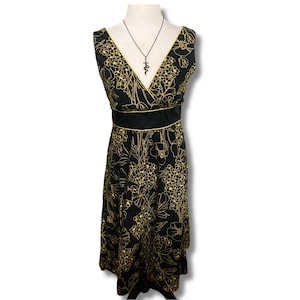 Vintage black dark yellow floral print v-neck sleeveless a-line dress ~ Digit@l Stretch 1990s 2000s Y2K goth whimsigoth boho SMALL frock