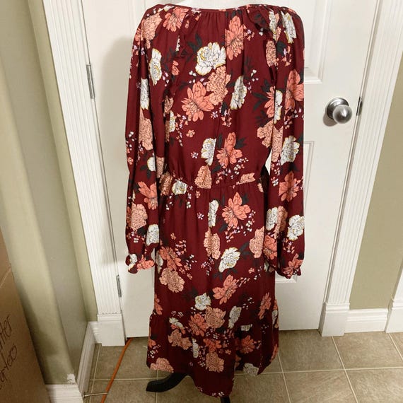 Vintage Burgundy Peach Black Floral Print Long Sleeve V-Neck Midi Dress ~ Loft Outlet 2000s Y2k Boho Frock with Elastic Waist ~ Small Medium