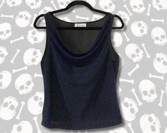 Vintage dark blue black sparkly cowl neck sleeveless top ~ Mariposa 1990s 2000s Y2K goth eveningwear glittery shirt ~ MEDIUM LARGE tank top