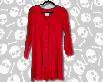 Vintage red long sleeve v-neck stretch cotton dress ~ 1980s 1990s Y2K skater mini short length frock ~ Whimsy goth emo alt vampire XS SMALL