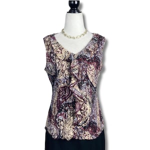 Vintage Whimsigoth volangprydd mörk blommig paisley spets ärmlös topp ~ Reitmans 1990-2000-tal rödbrun svart boho liten mellanstor skjorta