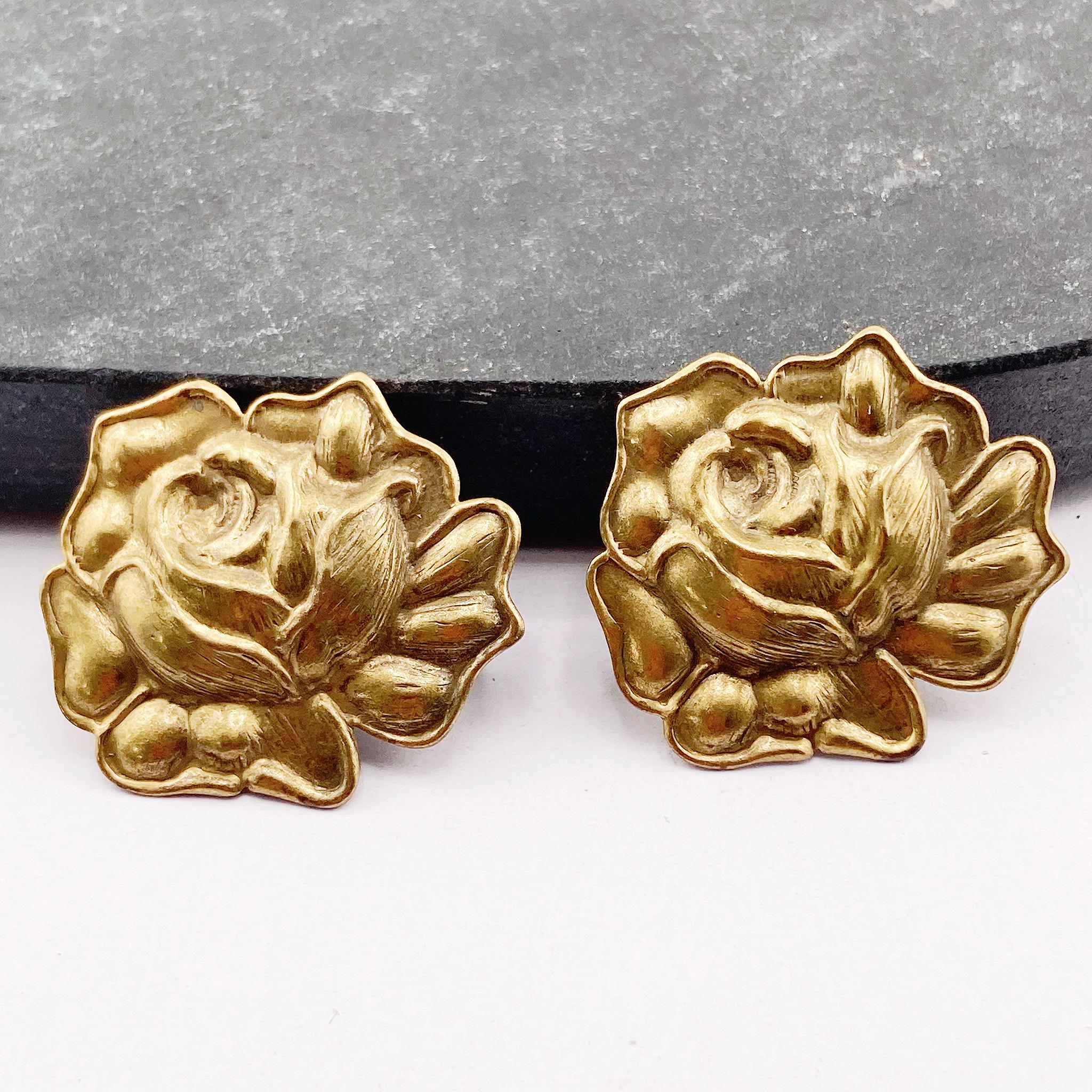 Vintage Brass Rose Clip-On Earrings
