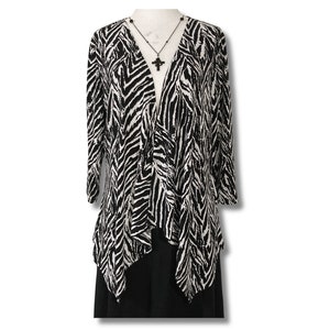 Vintage black and white zebra print handkerchief hem cardigan ~ 1990s 2000s Y2K high low stretch 3/4th sleeve cardi ~ SMALL MEDIUM goth top