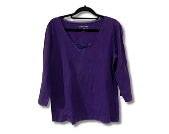 Vintage dark purple 100% cotton v-neck top ~ Carroll Reed 1990s 2000s Y2K long sleeve stretchy shirt with lace detailing ~ SMALL MEDIUM top