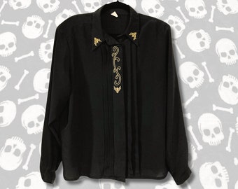 Vintage black pleated front long sleeve blouse with gold embroidery ~ Plus size 1980s 1990s corporate goth witchy shirt ~ LARGE XL 1X top