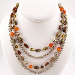 Vintage graduated length four-strand chain bead necklace ~ 1950s 1960s gold tone metal orange brown beaded multi-strand fall wedding jewelry
