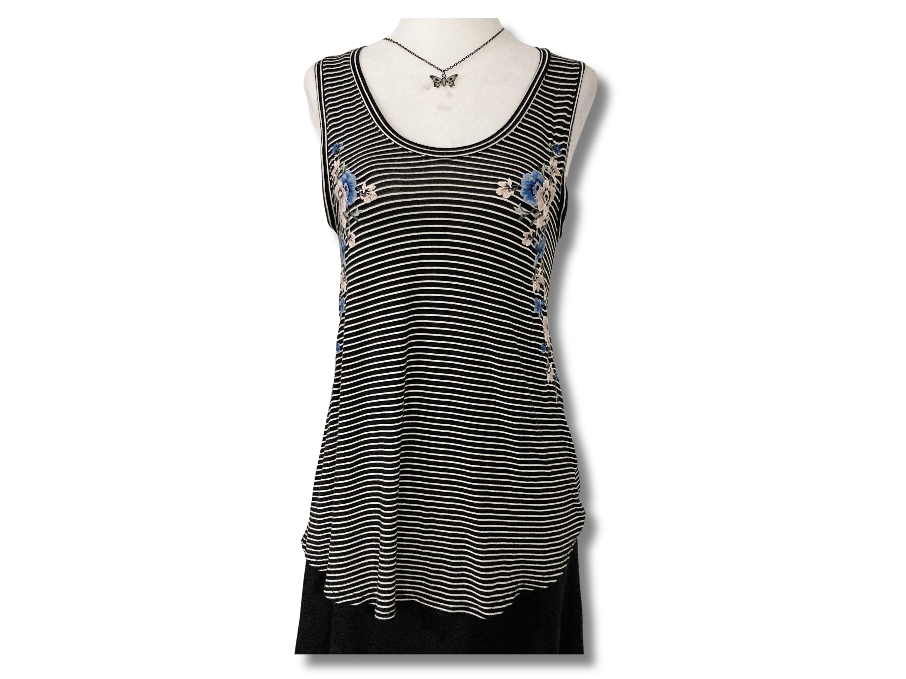 Vintage Black White Striped Floral Embroidery Tank Top