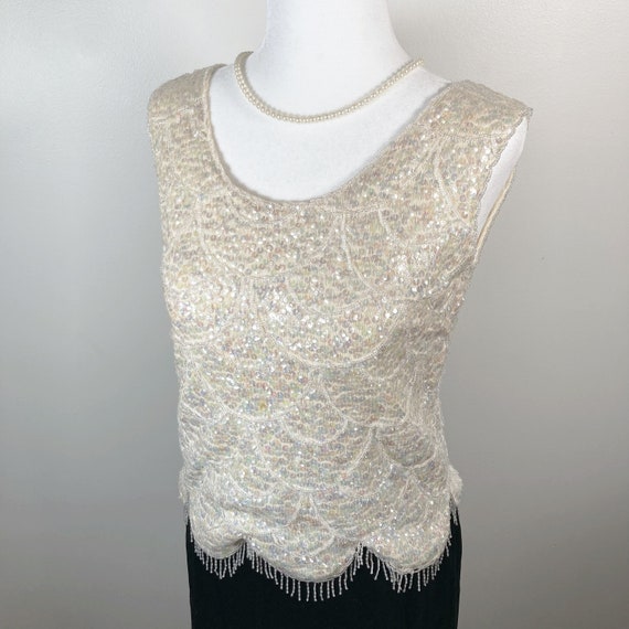 Gorgeous vintage iridescent cream sequins shell t… - image 1