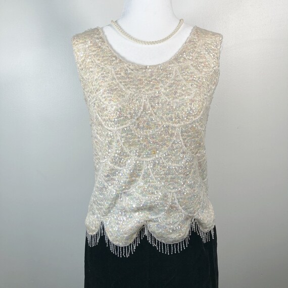 Gorgeous vintage iridescent cream sequins shell t… - image 3
