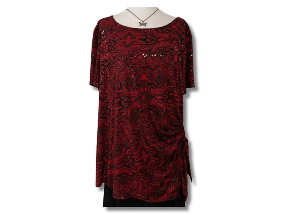 Gorgeous dark red black floral lace paisley print… - image 1