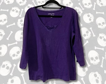 Vintage dark purple 100% cotton v-neck top ~ Carroll Reed 1990s 2000s Y2K long sleeve stretchy shirt with lace detailing ~ SMALL MEDIUM top