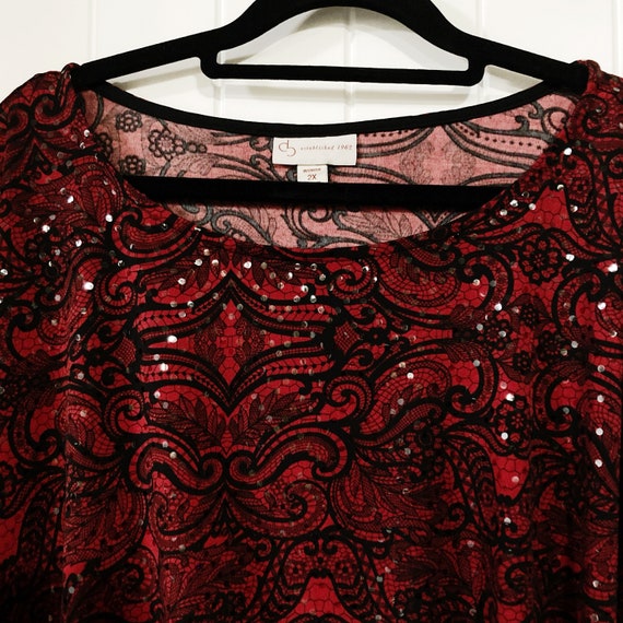 Gorgeous dark red black floral lace paisley print… - image 4