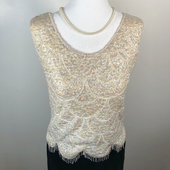 Gorgeous vintage iridescent cream sequins shell t… - image 5