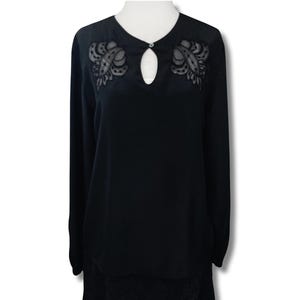 Vintage black keyhole neckline blouse w/ sheer black floral or leaf shaped appliqués ~ Carlo Ferrini 1960s 1970s goth MEDIUM LARGE shirt top