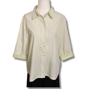 Vintage celadon green off-white vertical striped 3/4th sleeve button-down shirt ~ Alia 1990s 2000s Y2K celery pale lime blouse ~ LARGE XL 1X