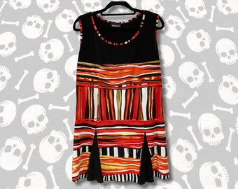 Bold striped black scoop neck tunic tank top ~ Initiatives red orange yellow white stretchy shirt ~ SMALL MEDIUM long whimsigoth summer top