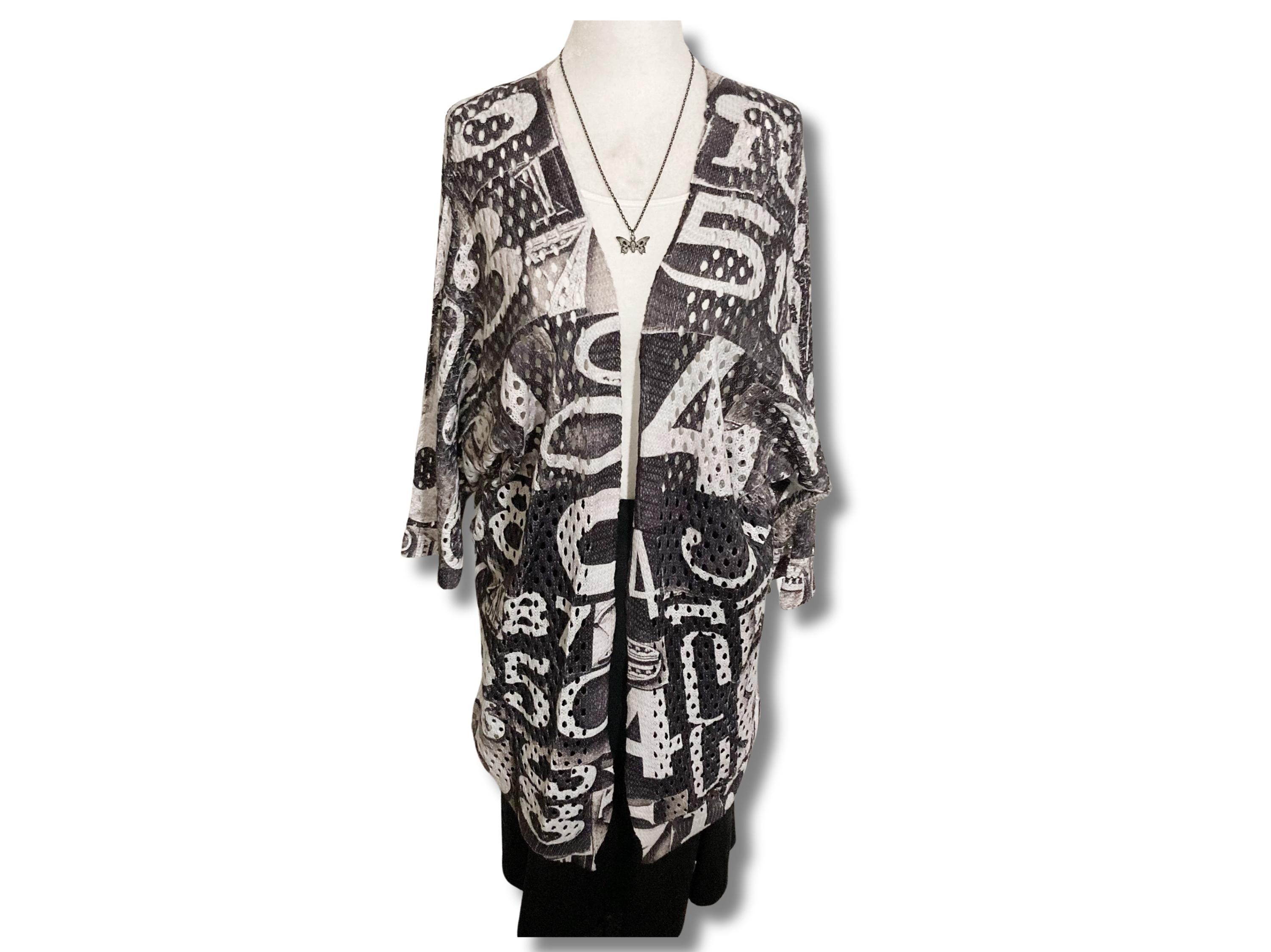Vintage White Grey Black Number Print Open Weave Long Cardigan ~ via ...