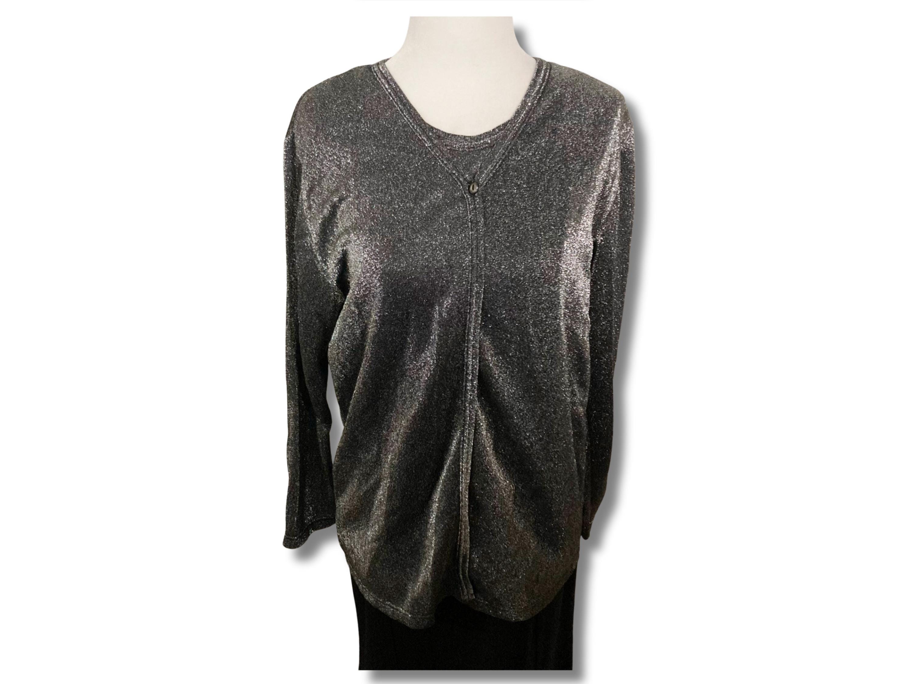 Vintage dark silver grey metallic faux twin set top ~ Tradition 1980s 1990s 2000s Y2K goth party holiday stretchy "cardigan" ~ MEDIUM LARGE
