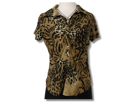 Vintage Leopard Print Short Sleeve Top ~ 1990s 2000s Y2K Sash Goth