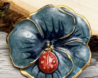 Vintage laddybug and blue flower brooch, c. 1970s 1980s does 1940s 1950s figural insect pin, ladybug and painsy brooch, gifts for garderners