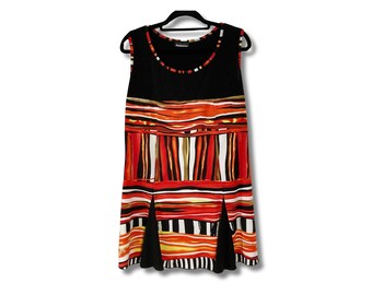 Bold striped black scoop neck tunic tank top ~ Initiatives red orange yellow white stretchy shirt ~ SMALL MEDIUM long whimsigoth summer top