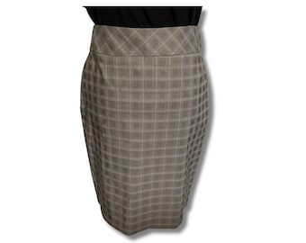 May include: A gray and white plaid pencil skirt.